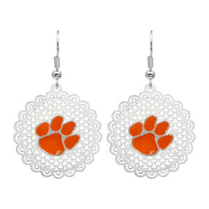 Clemson Tigers Women's Els Earrings Post Dangle Silver w/Team Logo NCAA